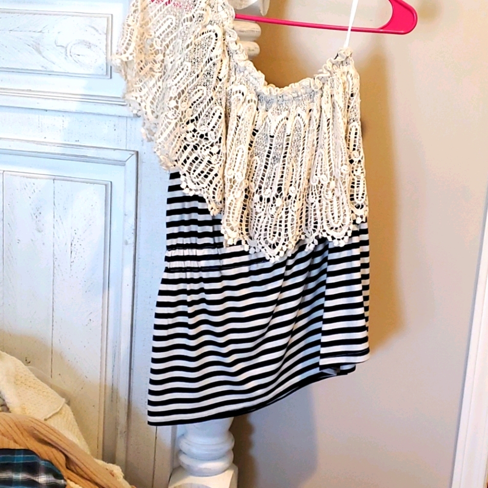 Hazel lace black & white stripe one shoulder top